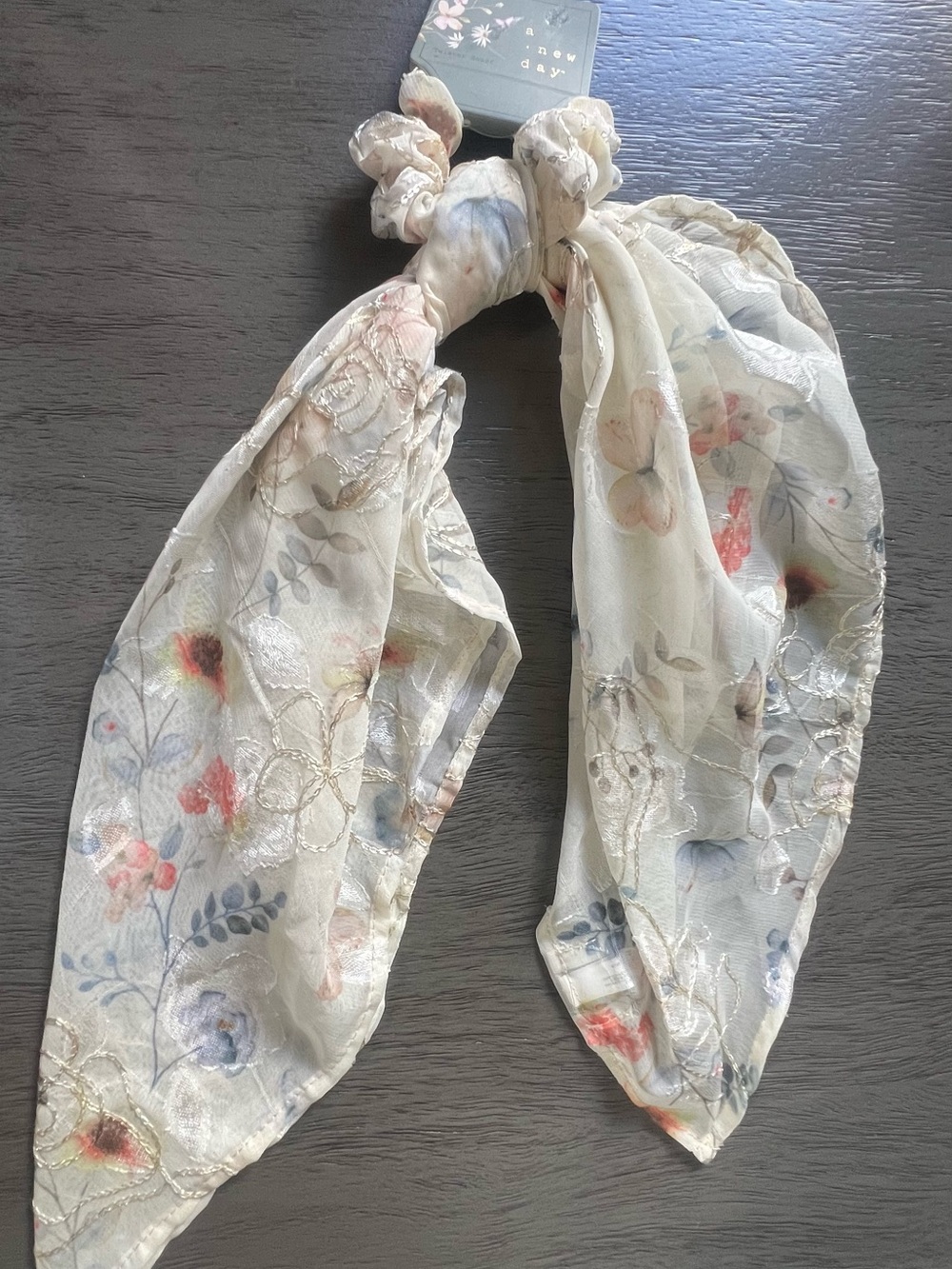 a new day Cream Floral Scarf Hair Tie with Pastel Blooms